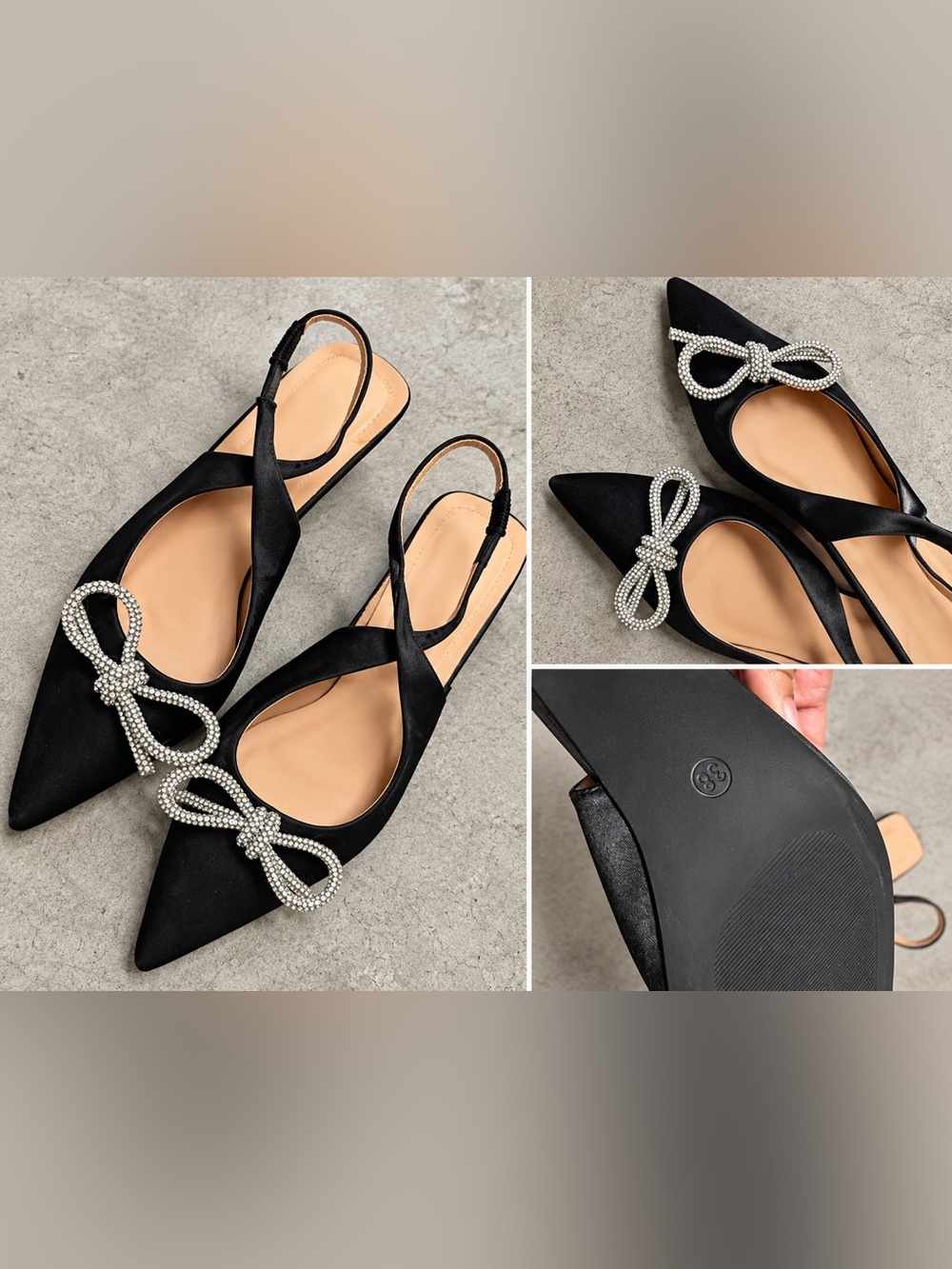 Black Pointed Toe Slingback Flats with Crystal Bow